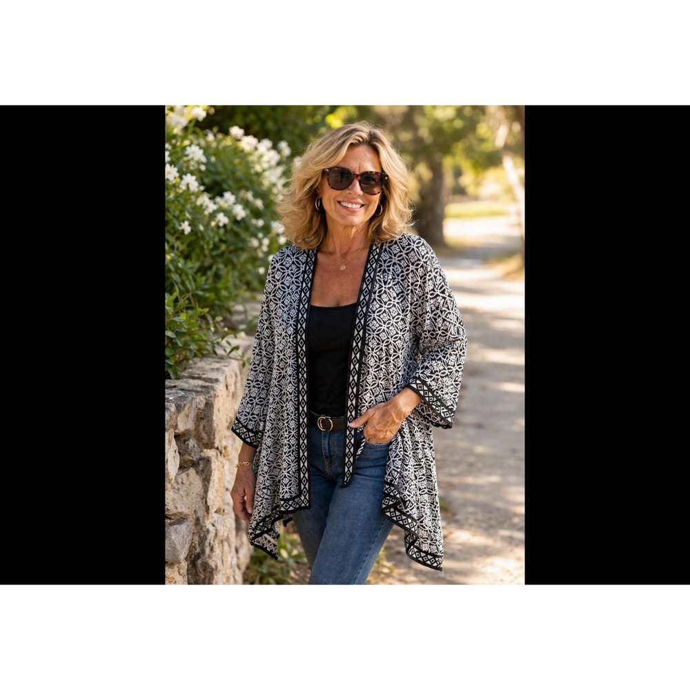 CHICO's 2 Open Cardigan Cover up Black‎ White Hi Lo Long Sleeve Size L / XL